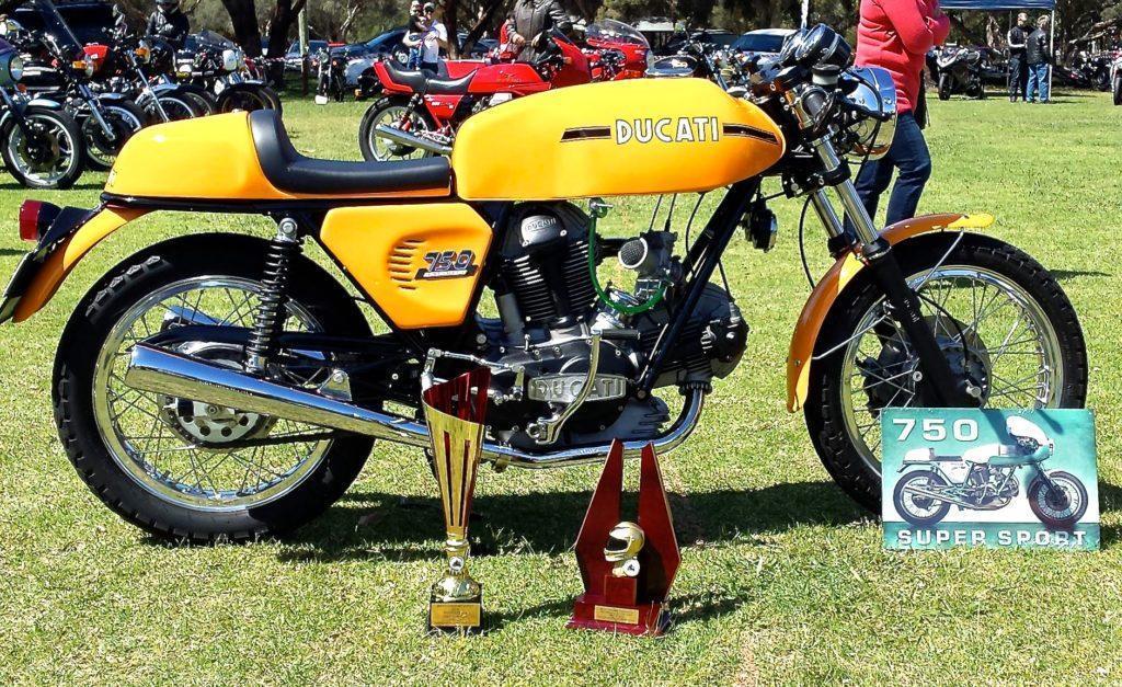 CAPTION: Danny Mitchell's stunning 1973 Ducati 750 Sport won our informal 'Bike Of The Show' award, and some real trophies too.